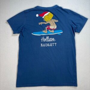 Hollister Surfer Cut T-Shirt Men's L Navy Cotton Graphic Print Santa Christmas